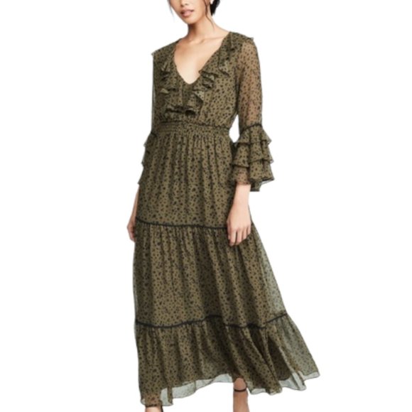 Misa Los Angeles Dresses & Skirts - Misa Los Angeles Size S Ruffled Tiered Green Dotted Maristela Maxi Dress
